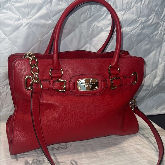 Red leather Michael Kors purse with crossbody strap - Picture 3 of 6
